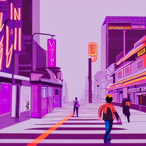 Prompt: man wandering at a purple neon city, digital art, 4 k, maddy style