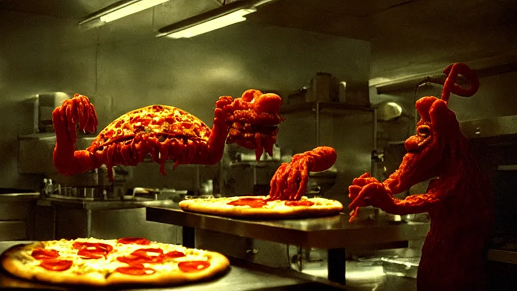 Image similar to the strange pizza creature in the restaurant kitchen, film still from the movie directed by denis villeneuve and david cronenberg with art direction by salvador dali and zdzisław beksinski,