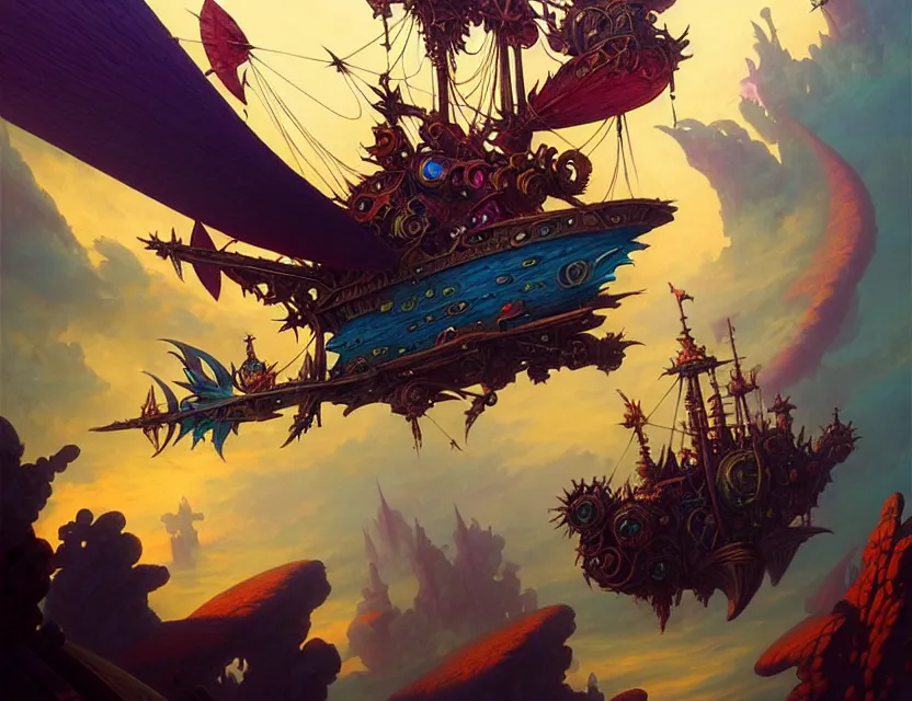 Image similar to the flying spelljammer galleon soars through the planes, amazing d & d planescape style art, trending on artstation, colorful, intricate, art by kev chan, joseph leyendecker, peter mohrbacher, ruan jia, marc simonetti, fantasypunk, deep colors, cgsociety