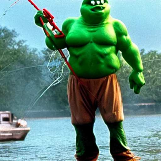 Image similar to slimer from ghostbusters 1 9 8 4 fishing on the bayou
