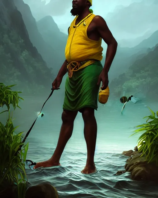 Image similar to fisherman, male, Jamaican, wide angle, yellows blacks greens reds, magical fishing rod weapon, D&D, fantasy, intricate, elegant, highly detailed, digital painting, artstation, octane render, concept art, matte, sharp focus, illustration, hearthstone, art by Artgerm and Greg Rutkowski and Alphonse Mucha