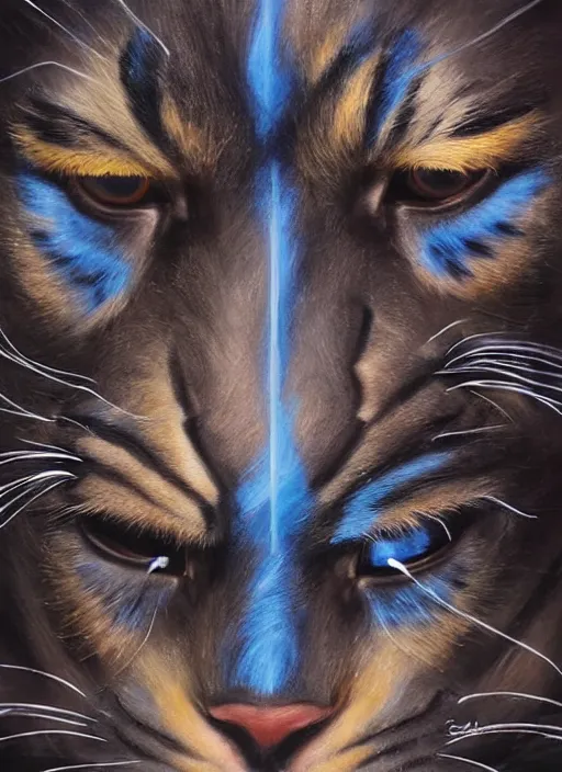 Prompt: photo of a gorgeous Beautiful face Portrait of twenty panthers in the wild attacking the air. Thunders, magic, power. face painting, powerful magic panthers in the style of stefan kostic, wild, realistic, sharp focus, 8k high definition, insanely detailed, intricate, elegant, art by stanley lau and artgerm