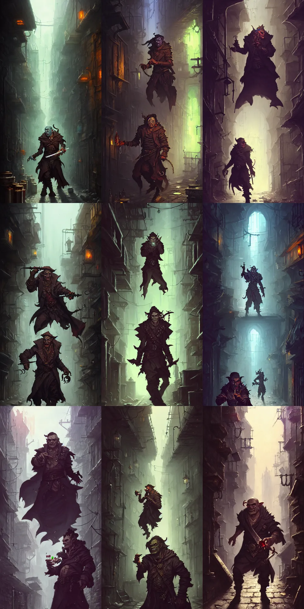 Prompt: half - orc alchemist holding smoking vials in grimy city alleyway, by greg rutkowski, peter mohrbacher, johannes voss, magic the gathering, fantasy, d & d, artstation