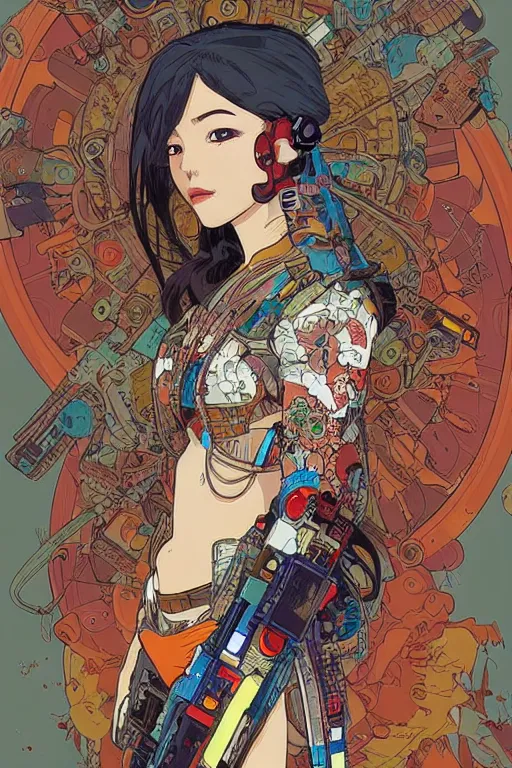 Image similar to beautiful cyborg portrait girl female illustration detailed patterns art of thai traditional dress, pop art, splash painting, art by geof darrow, ashley wood, alphonse mucha, makoto shinkai