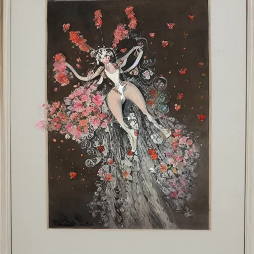 Prompt: Louis Icart, an old elaborate painting of an abstract robot tornado made entirely out of flowers, highly detailed, swirling, flowing, dancing, dreaming, bursting with positive energy, happy, creative, masterpiece - H 1024