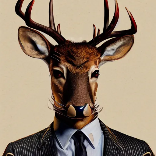 Image similar to a upper body portrait of a deer lord in a pinstriped suit and pants wearing a fedora with the antlers sticking out of the fedora by artgerm and wlop, intricate detail, digital art, photorealistic, trending on artstation