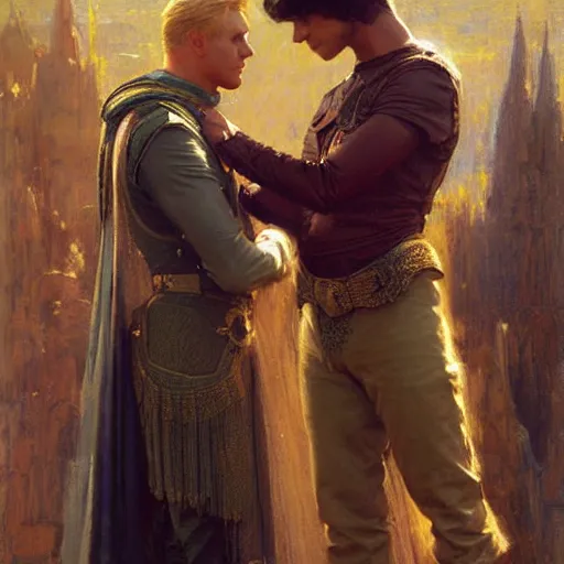 Image similar to attractive male arthur pendragon confesses his love to attractive male merlin. highly detailed painting by gaston bussiere, craig mullins, j. c. leyendecker 8 k