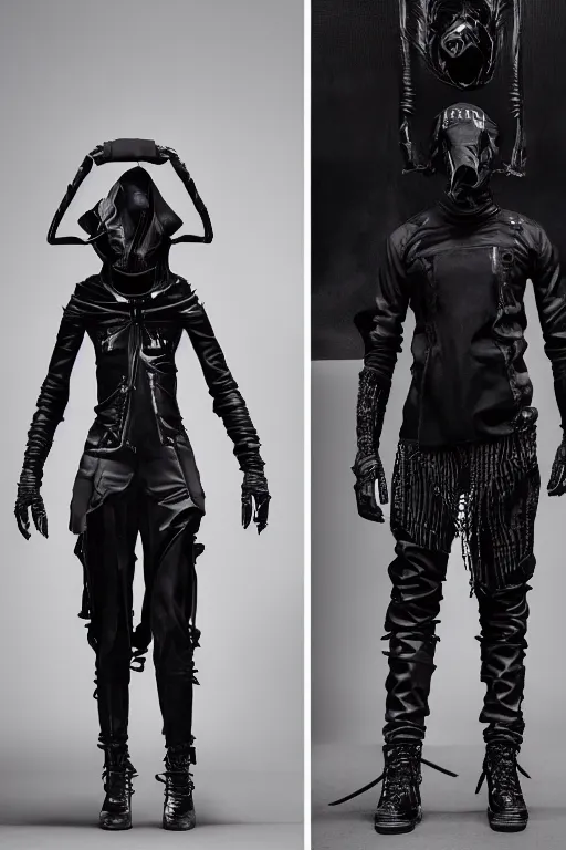 Prompt: goth techwear look and clothes, we can see them from feet to head, highly detailed and intricate, hypermaximalist, futuristic, luxury, Rick Owens, Errolson Hugh, Yohji Yamamoto, Y3, ACRNYM, cinematic outfit photo