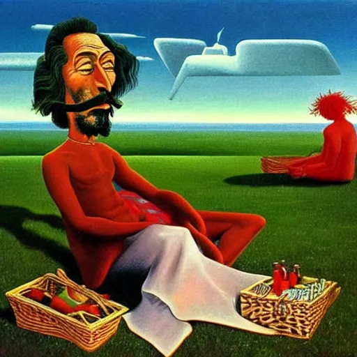 Image similar to a happy man having a picnic on a nice day, surrealist art in the style of salvador dali and zdzisław beksinski, highly detailed, trending on wikiart