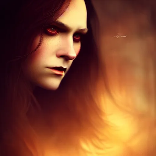 Image similar to majestic gracious regal female brunette vampire portrait, menacing atmospheric lighting, painted, menacing, intricate, volumetric lighting, beautiful, rich deep colours masterpiece, golden hour, sharp focus, ultra detailed, by leesha hannigan, ross tran, thierry doizon, kai carpenter, ignacio fernandez rios