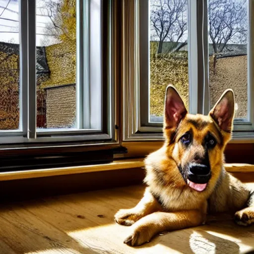 Prompt: a german shepherd puppy sits on the sofa near a bay window in a small cozy kitchen. in front of the sofa is a kitchen table made out of wood. lots of art hang on the kitchen walls. the puppy waits patiently and is looking out the window. outside it's warm and sunny. muted colors, in the style of bill watterson.