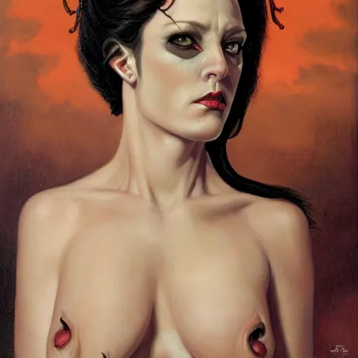 Image similar to portrait of a woman with horns and fully black eyes, by gerald brom