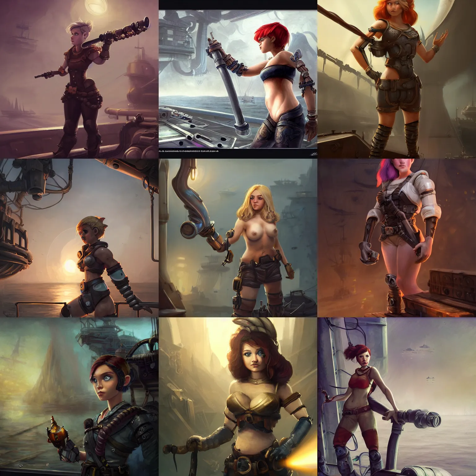 Image similar to muscular beautiful female gnome engineer with pixie undercut hair, one prosthetic robot arm, standing on a ship deck, full body portrait, dark fantasy, naval background, D&D, piercing stare, highly detailed, digital painting, HD, ArtStation, great composition, concept art, matte, sharp focus, illustration, in the style of Greg Rutkowski, joyful 4k