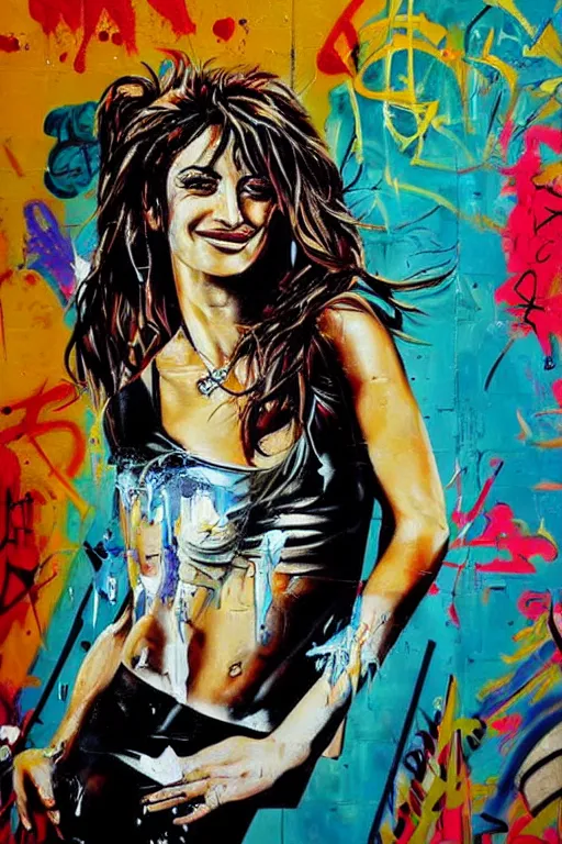 Image similar to oil painting, portrait of penelope cruz, wall with graffiti, splash painting, by bansky