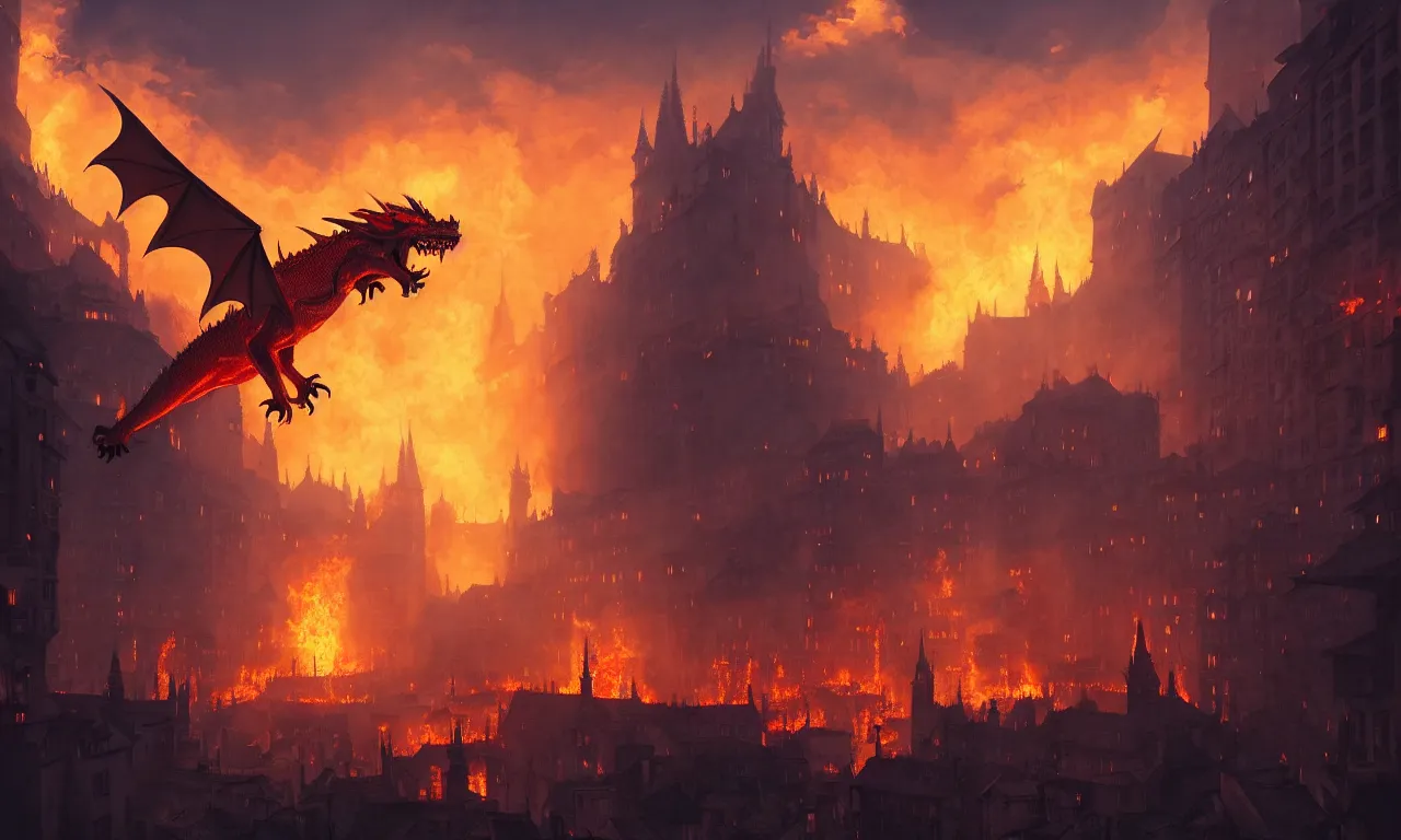 Image similar to a dragon is breathing fire on a medieval city, ultrarealistic, canon 3 5 mm photography, 8 k, wide view, cinematic view, cinematic, 8 k, digital photo, unreal engine, colored paint, colorful paint, scary style, by atey ghailan, artstation