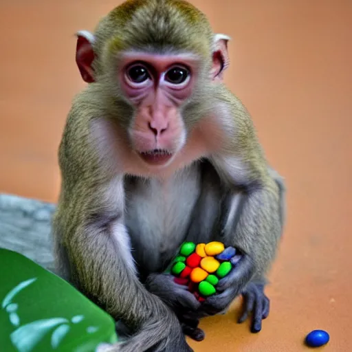Prompt: monkey but his eyes are made of m & ms