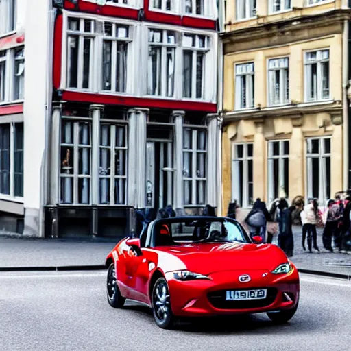 Image similar to a red haired danish man drives a mazda mx-5 down a street in copenhagen