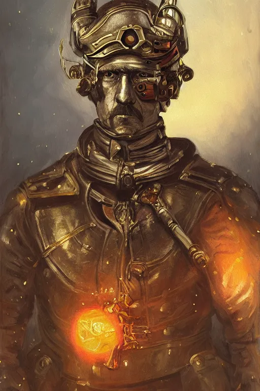 Image similar to portrait, headshot, digital painting, of General Custer as a military cyborg with several arrows in his head and body, amber jewels, vr headset, baroque, ornate clothing, scifi, futuristic, realistic, hyperdetailed, chiaroscuro, concept art, art by waterhouse and witkacy