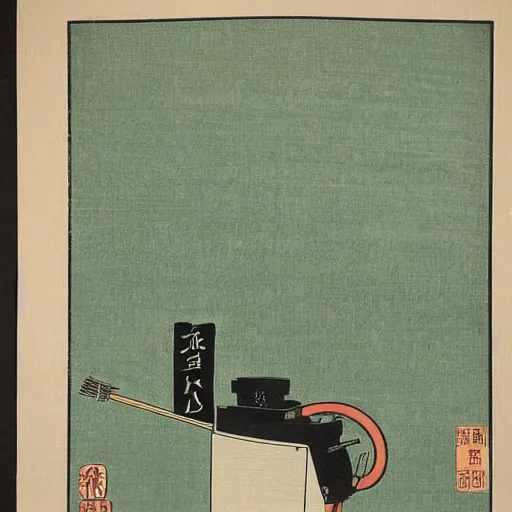 Image similar to japanese woodblock print of a vacuum cleaner