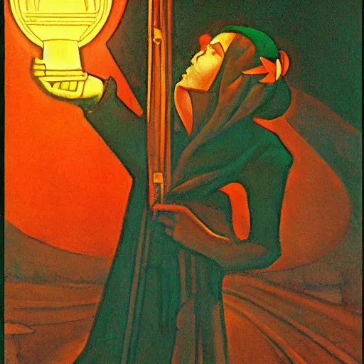 Image similar to the subway witch, by leo and diane dillon and diego rivera and nicholas roerich, dramatic lighting, god rays, smooth, sharp focus, highly detailed