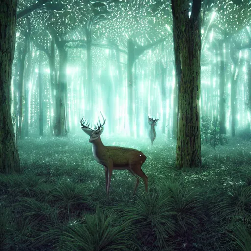 Image similar to deer in an ethereal forest made from glowing circuits and electronics, highly detailed concept art, 3 d, volumetric lighting