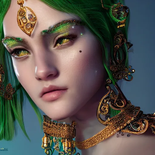 Image similar to photograph of wonderful princess with smooth fair skin, green jewelry, breathtaking, elegant, ornate, intricate, hyper detailed, accent lighting, dramatic light, 4 k octane render