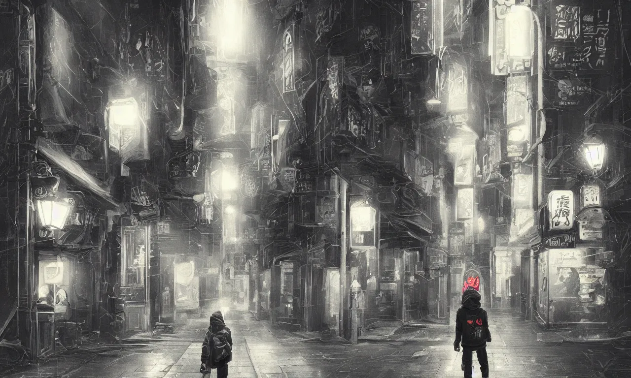 Image similar to a boy wearing a dark hoodie walking at the streets of Tokyo at night, concept art, digital painting, night lights, vending machines, aesthetic, trending on artstation, 8k, dramatic composition, intricate details, sharp focus