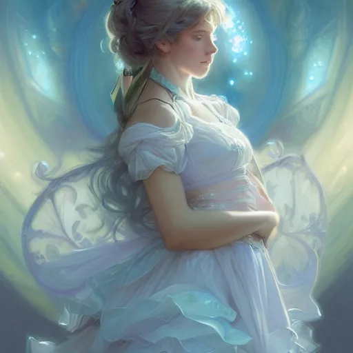 Image similar to Portrait of magical girl, dreamy and ethereal, pastel blue eyes, peaceful expression, ornate frilly dress, fantasy, intricate, elegant, dynamic lighting, highly detailed, digital painting, artstation, concept art, smooth, sharp focus, illustration, art by artgerm and greg rutkowski and alphonse mucha