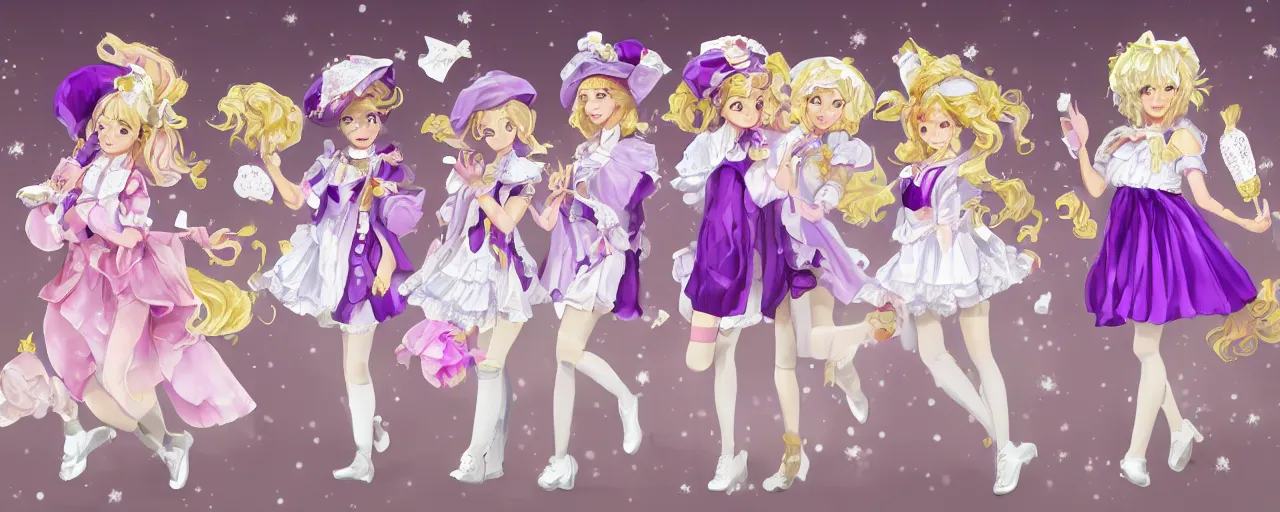 Image similar to A character sheet of full body cute magical girls with short blond hair wearing an oversized purple Beret, A purple and white dress uniform, Short Puffy pants made of silk, a fluffly petticoat, pointy jester shoes, a big billowy scarf, Golden Ribbon, and white leggings Covered in stars. Short Hair. Sunlit. Haute Couture.Art by william-adolphe bouguereau and Paul Delaroche and Alexandre Cabanel and Lawrence Alma-Tadema. Smooth. Elegant. Highly Detailed. Intricate. 4K. UHD. Denoise.