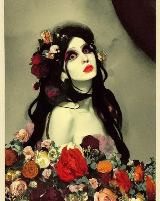 Prompt: a beautiful and eerie baroque painting of a beautiful but sinister woman in layers of fear, with haunted eyes and dark hair piled on her head, 1 9 7 0 s, seventies, floral wallpaper, wilted flowers, a little blood, morning light showing injuries, delicate embellishments, painterly, offset printing technique, by robert henri, walter popp, alan lee