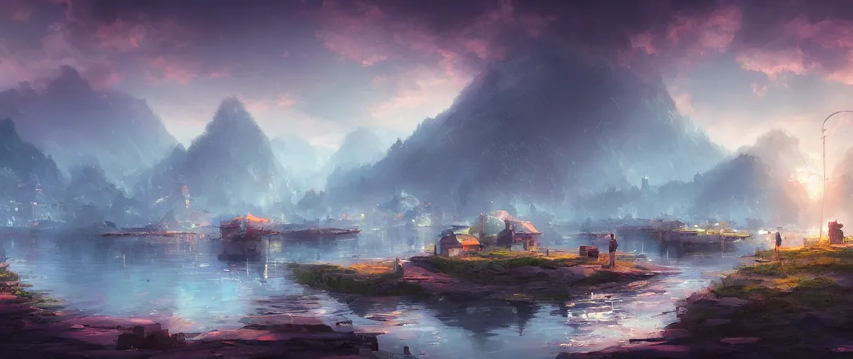 Prompt: small fishing village around a lake, concept art, digital painting, style of jordan grimmer, warm lighting, futuristic, volumetric lighting, view from below, vivid colours, bright, daytime, godrays, high detail