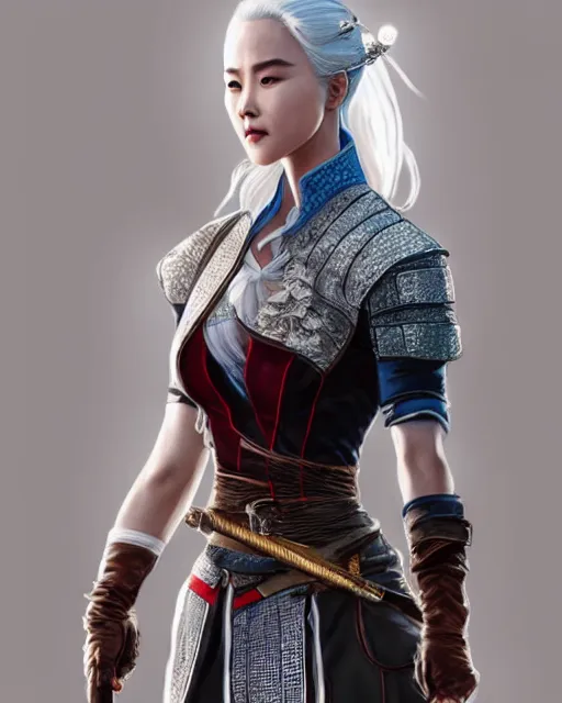 Image similar to Zhang Ziyi as Ciri from Witcher 3 by Artgerm and Greg Rutkowski, wearing haute couture by schiaparelli, sharp focus, sun rays, intricate, elegant, highly detailed, digital painting, masterpiece.