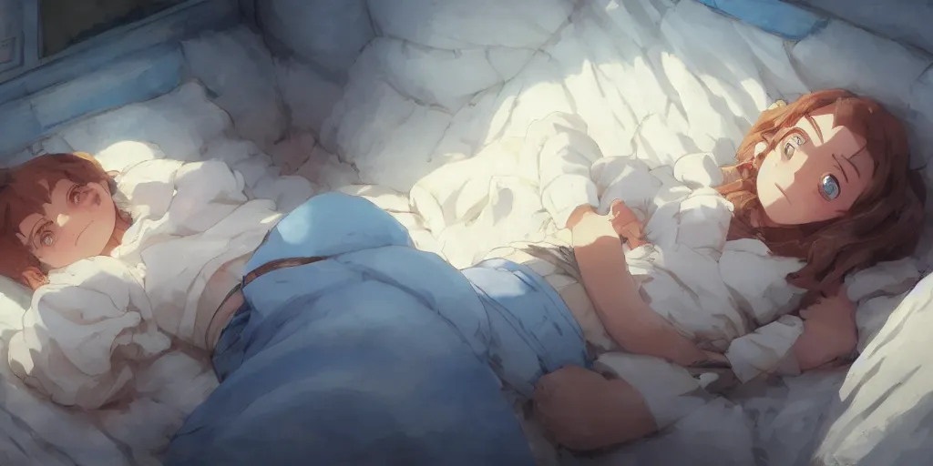 Image similar to a brunnete girl with blue eyes and puffy cheeks lying happy in her bed, close up shot from the top, anime art, Greg Rutkowski, studio ghibli, dramatic lighting