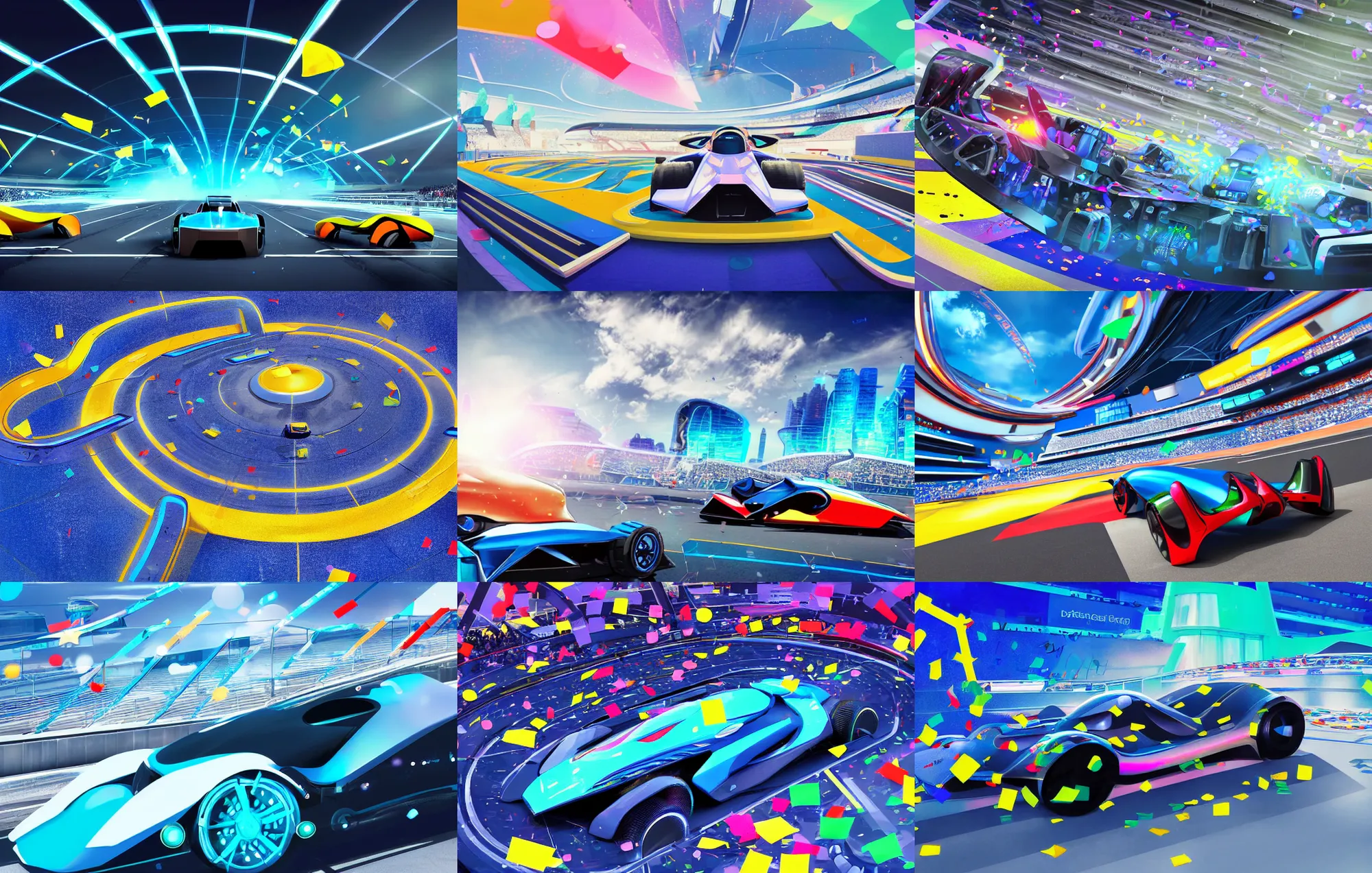 Prompt: wide angle shot of a futuristic vehicle racetrack winners circle with confetti on a sunny day with a clear blue sky, cyberpunk, profile shot, digital painting, good value control