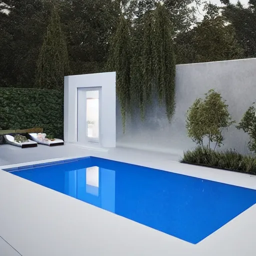 Prompt: a new swimming pool in a large white room with a door that leads to a gray room with on light on in it. dream like.