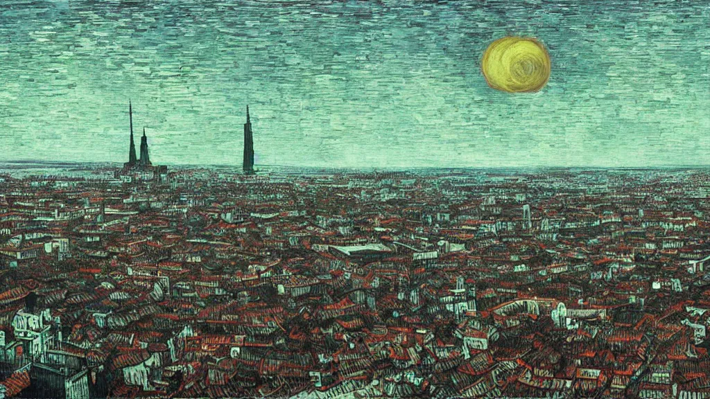 Prompt: City Landscape by Zdzisław Beksiński and Van Gogh