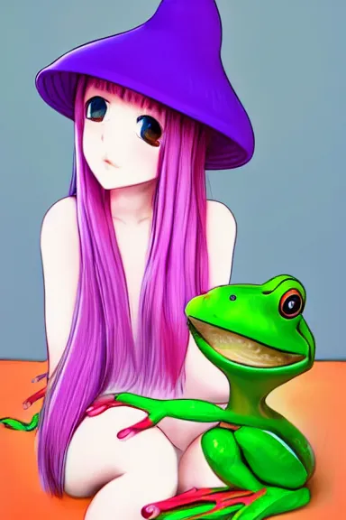Image similar to a beautiful little girl wearing a mushroom hat sitting on her bed petting a frog in her lap | | purple hair, pretty face, sharped details, in ryuuou no oshigoto art style, trending on pixiv, anatomically correct