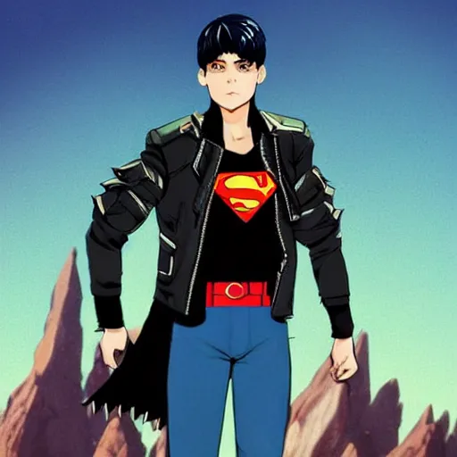 Image similar to a black haired blue eyed teen boy in a punk outfit. Leather jacket. Patches. Spiked shoulder pads. Superboy. 90’s superboy. Superman. By Repin. By Makoto shinkai. Artgerm.