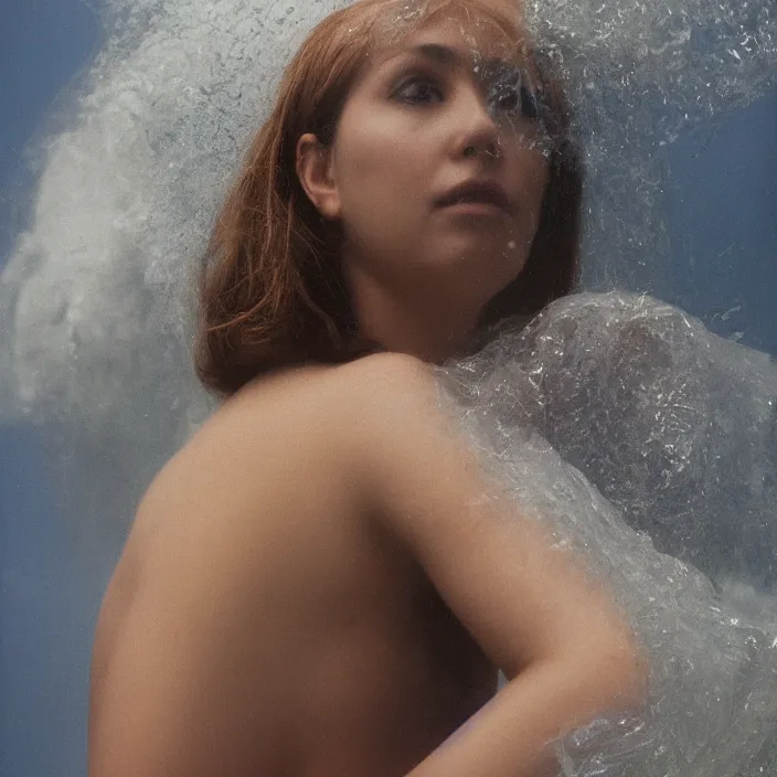 Prompt: a closeup portrait of a woman wearing wrapped in plastic, standing in front of a giant tsunami wave, color photograph, by vincent desiderio, canon eos c 3 0 0, ƒ 1. 8, 3 5 mm, 8 k, medium - format print