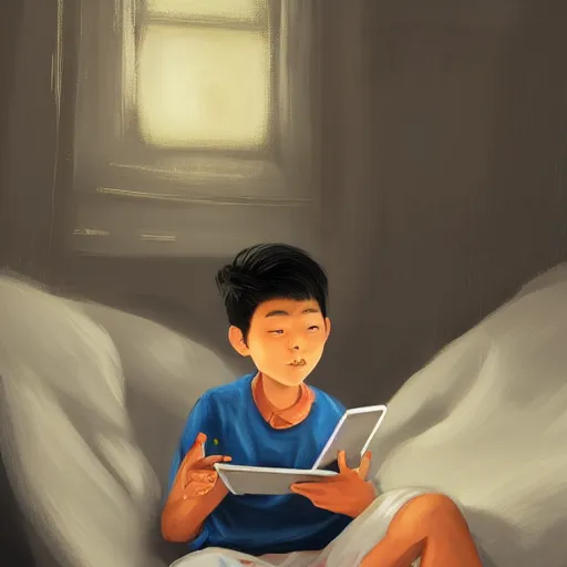 Image similar to beautiful detailed!!!!!! digital painting of a short asian teenager with short hair sitting in a bean bag and playing on his phone in his dark!!! dimly - lit blue messy room, stunning digital painting, top digital painting, expressive character design, 4 k quality, highly detailed, smooth, sharp focus, clear, trending on artstation