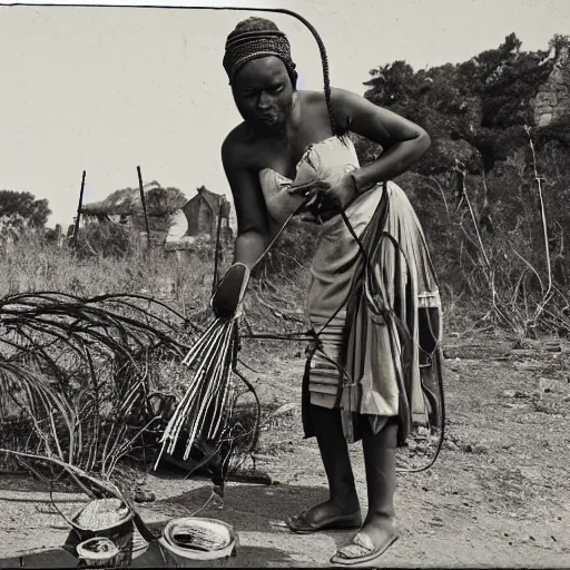 Prompt: photo of beautiful African native ancient woman inspecting railgun, tools and junk on the ground,wires with lights, old village in the distance, vintage old photo, black and white, sepia