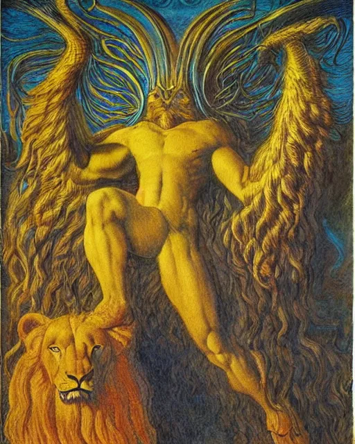 Image similar to a creature with the body and eyes of a man, with the beak of an eagle, the mane of a lion, and the horns of an ox by jean delville. vivid colors