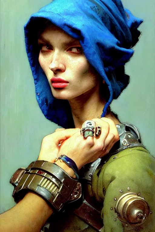 Image similar to full character portrait max mad cyberpunk warhammer 4 0 k, medic sapper not the girl with the pearl earring character design, painting by gaston bussiere, katsuya terada, nc wyeth, greg rutkowski, craig mullins, vermeer, frank frazetta, mucha, tom of finland, trending on artstation, by norman rockwell