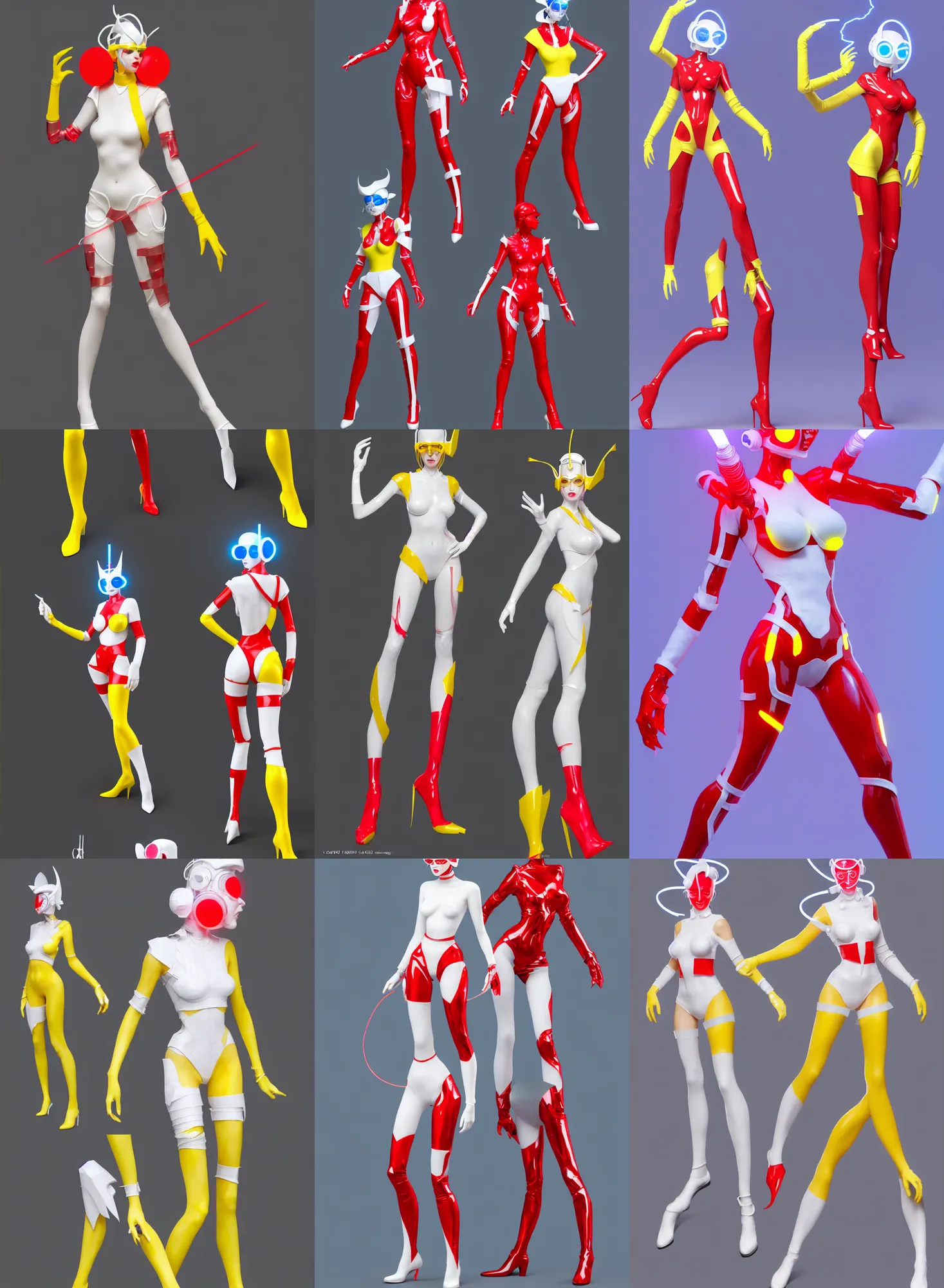 Image similar to a full body character design by loish, hong soonsang, tooth wu and zeen chin. laser white and yellow tape and red translucent plastic tape attctive showgirl!! sci - fi helmet with blue glowing eyes!! sharp edges. contour light!! ultra detailed, elegant, intricate, octane render.