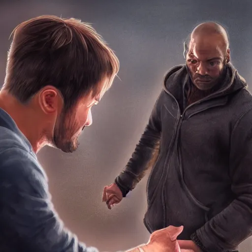 Image similar to the popular streamer moistcritikal offering a handshake, cinematic, gloomy background, realistic, digital art, character art, 8 k