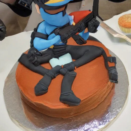 Prompt: solid snake eating a cake in the style of gonzossm