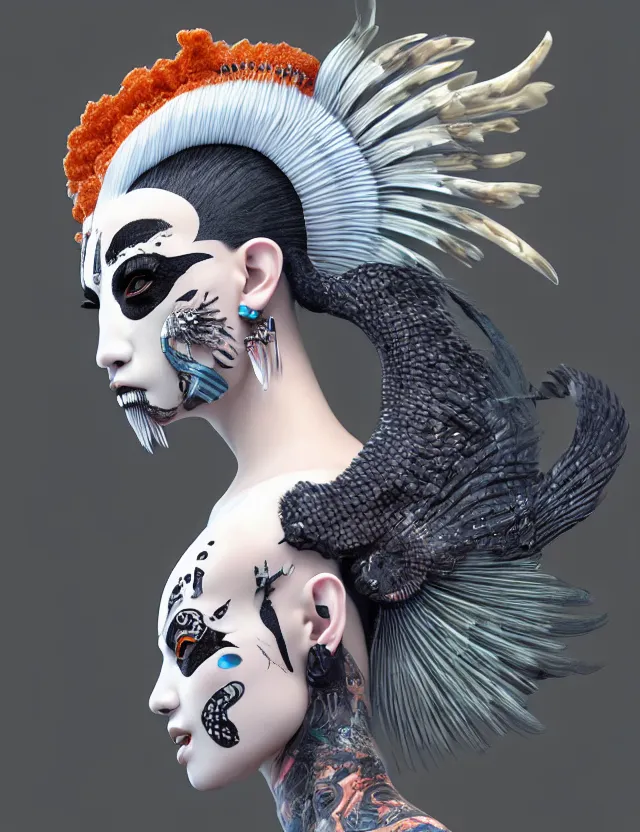 Image similar to 3 d goddess close - up profile portrait punk with mohawk with ram skull. beautiful intricately detailed japanese crow kitsune mask and clasical japanese kimono. betta fish, jellyfish phoenix, bio luminescent, plasma, ice, water, wind, creature, artwork by tooth wu and wlop and beeple and greg rutkowski