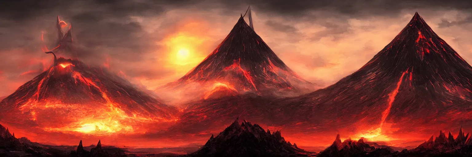 Prompt: Mordor with the mount doom and eye of Sauron tower, landscape, sharp focus, sky artwork, digital art, artstation