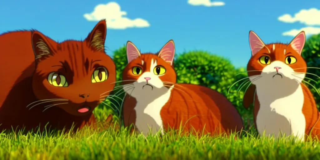 Image similar to a wholesome animation key shot of a brown cat and a grey cat napping in the sun studio ghibli pixar and disney animation sharp render