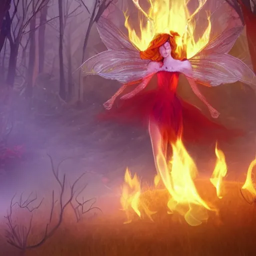 Image similar to a fierce fire fairy appearing suddenly in the middle of mysterious dark forrest full of creepy creatures